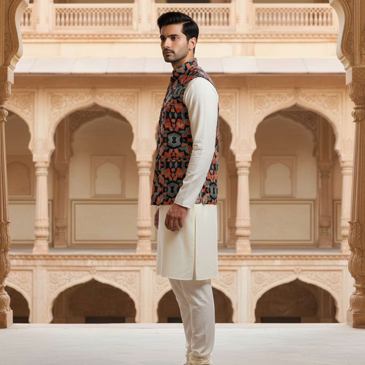 Men’s Navy Blue Geometric Printed Nehru Jacket with Ivory  Kurta Pajama – Contemporary Ethnic Wear