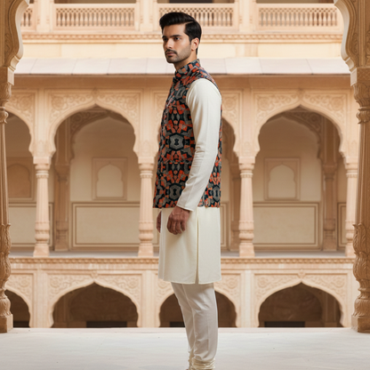 Men’s Navy Blue Geometric Printed Nehru Jacket with Ivory  Kurta Pajama – Contemporary Ethnic Wear