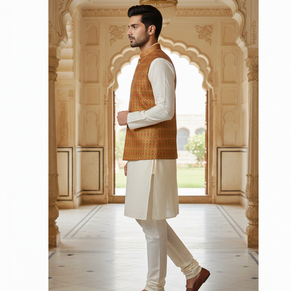 Men’s Rust & Gold Patterned Nehru Jacket with Ivory Kurta  Pajama – Classic Festive Wear