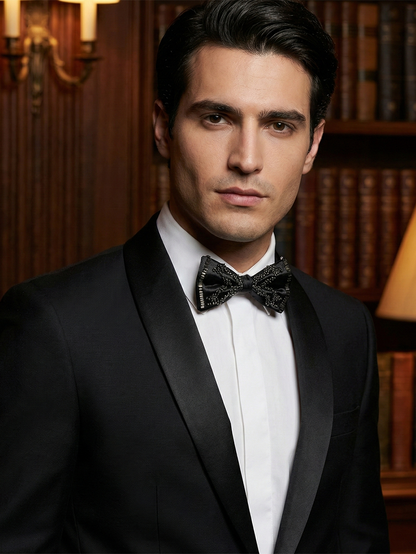 Elegant Black Beaded Satin Bow Tie – Classic Formal Accessory