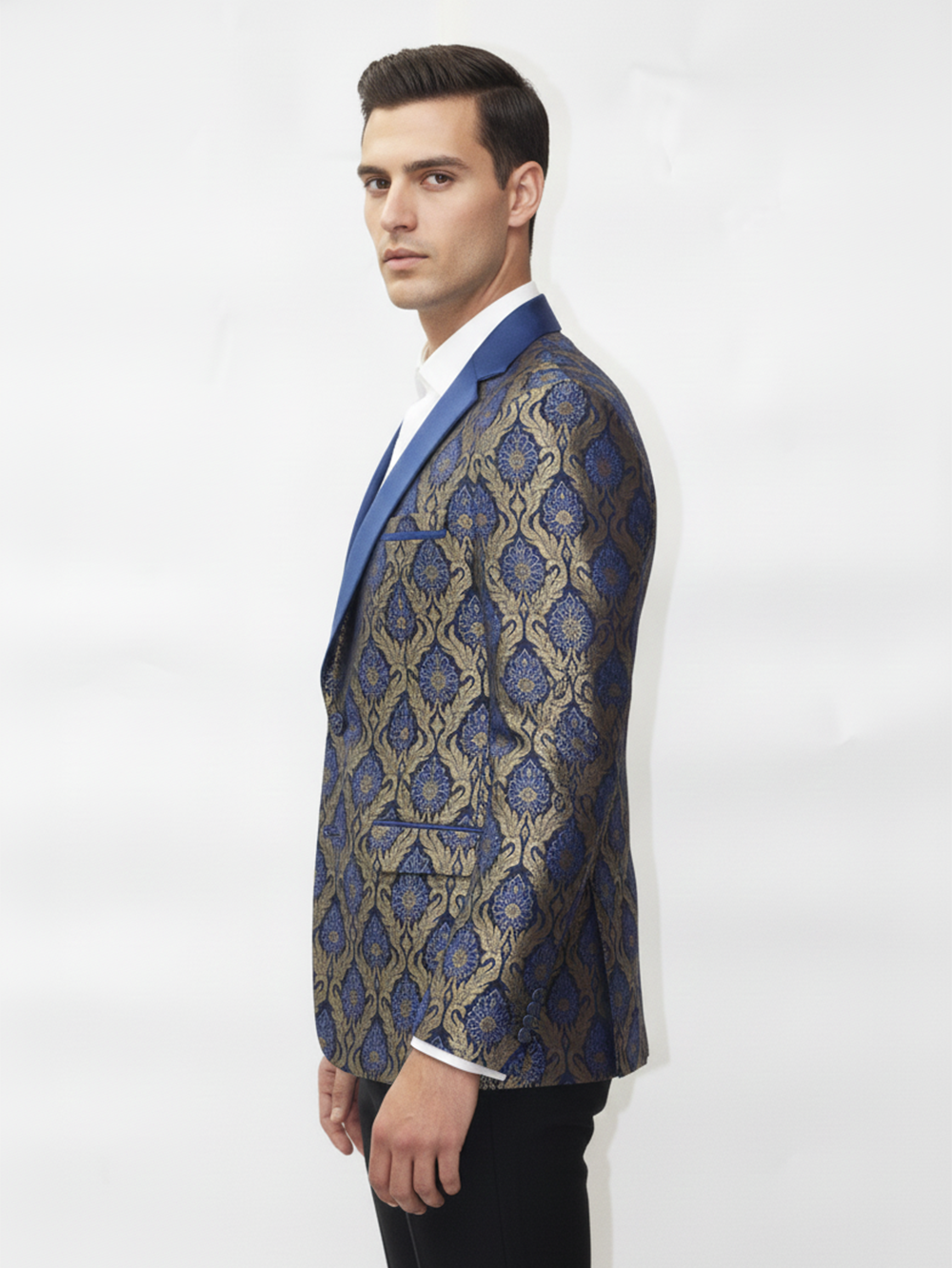 Mens Golden and Blue Slim Fit Jacquard Blazer , Elegant Patterns, Premium Fabric, Stylish Formal Wear for Office and Parties