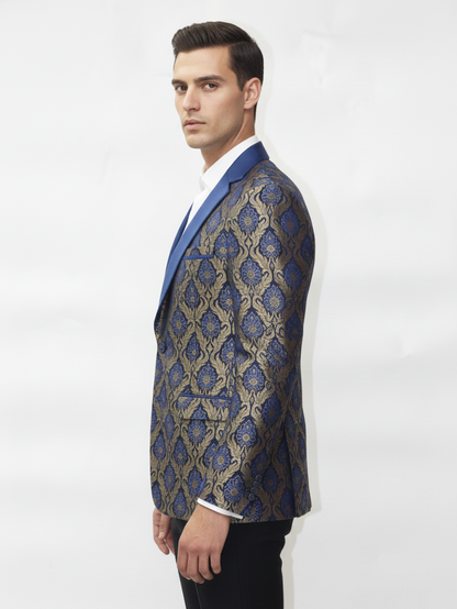 Mens Golden and Blue Slim Fit Jacquard Blazer , Elegant Patterns, Premium Fabric, Stylish Formal Wear for Office and Parties
