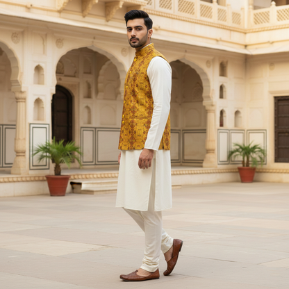 Men’s Mustard Textured Nehru Jacket with Ivory Kurta Pajama – Festive & Weddin