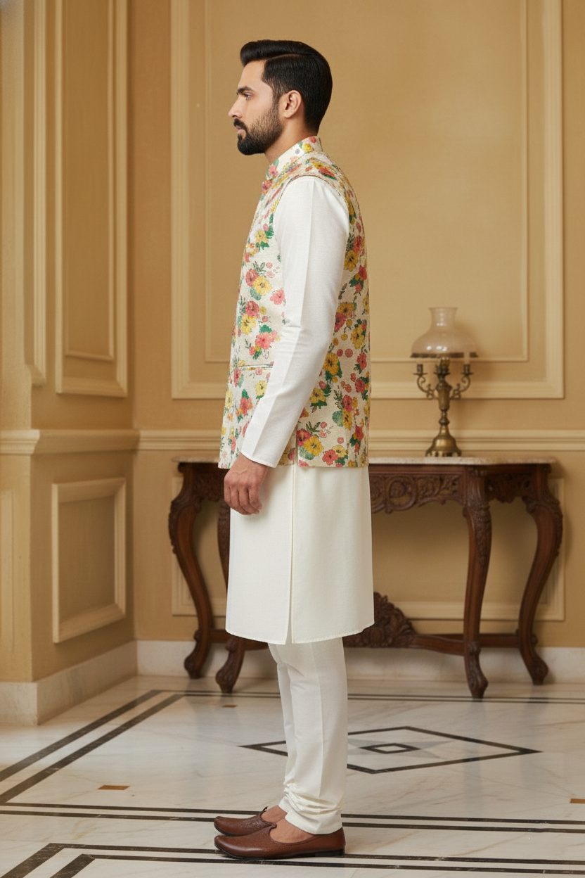 Floral Elegance: Men’s Printed Nehru Jacket