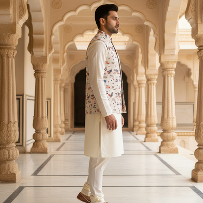 Men’s Ivory Floral Print Nehru Jacket with Classic Kurta  Pajama – Elegant Festive Wear