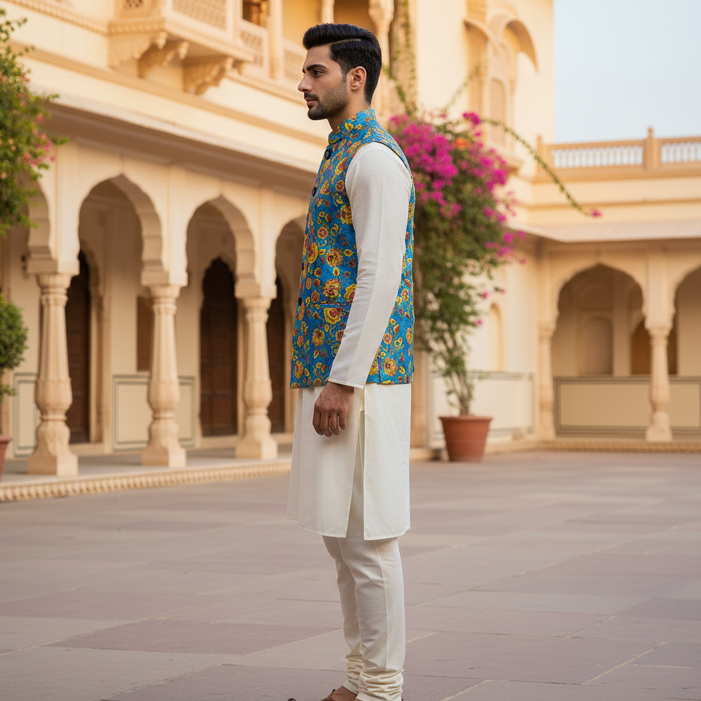 Men’s Royal Blue Floral Nehru Jacket with Ivory Kurta  Pajama – Festive Ethnic Wear