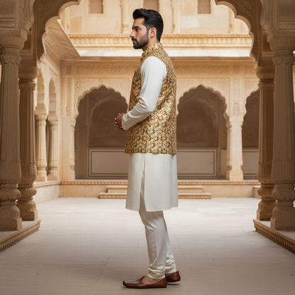 Men’s Floral Print Nehru Jacket with Ivory Kurta Pajama –  Elegant Festive Ensemble