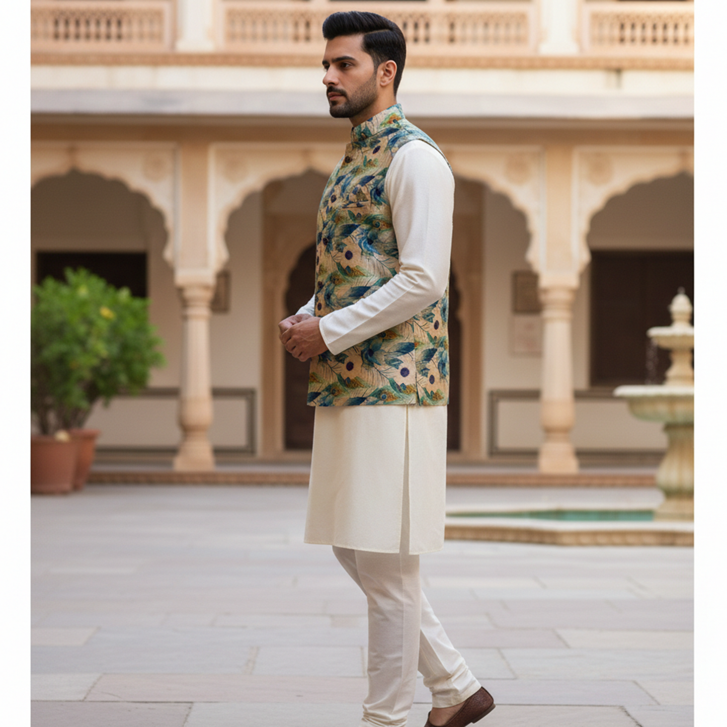 Men’s Teal Botanical Print Nehru Jacket with Ivory Kurta  Pajama – Contemporary Festive Ensemble