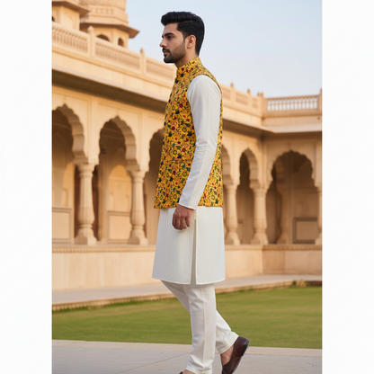 Men’s Mustard Yellow Printed Nehru Jacket with Ivory Kurta Pajama – Festive Ethnic Wear