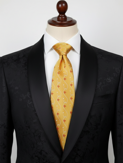 Luxury Golden Silk Tie with Red & White Print – Designer Formal Necktie
