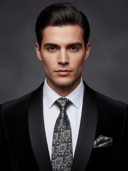 Black Tie with White Work Pattern – Classic Formal Necktie