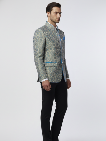 Mens Grey Printed Jacquard Blazer , Elegant Design, Premium Fabric, Modern Tailoring for Formal, Office and Evening Wear