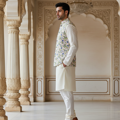 Men’s Pastel Floral Nehru Jacket with Ivory Kurta Pajama – Elegant Festive Wear Se