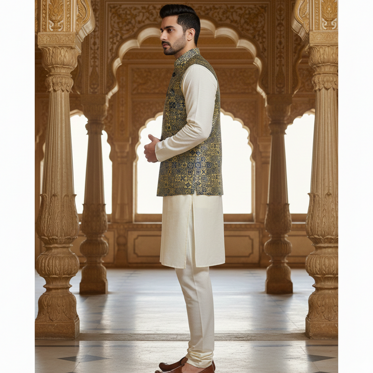 Men’s Olive Green & Gold Jacquard Nehru Jacket with Ivory Kurta  Pajama – Regal Festive Wear