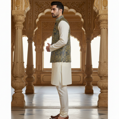 Men’s Olive Green & Gold Jacquard Nehru Jacket with Ivory Kurta  Pajama – Regal Festive Wear