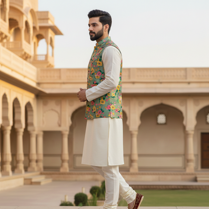 Men’s Pastel Green Floral Nehru Jacket with Ivory Kurta Pajama –  Festive Ethnic Wear