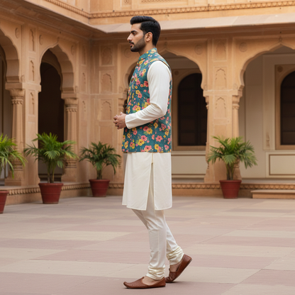 Men’s Teal Floral Printed Nehru Jacket with Ivory Kurta  Pajama – Festive & Wedding Wear