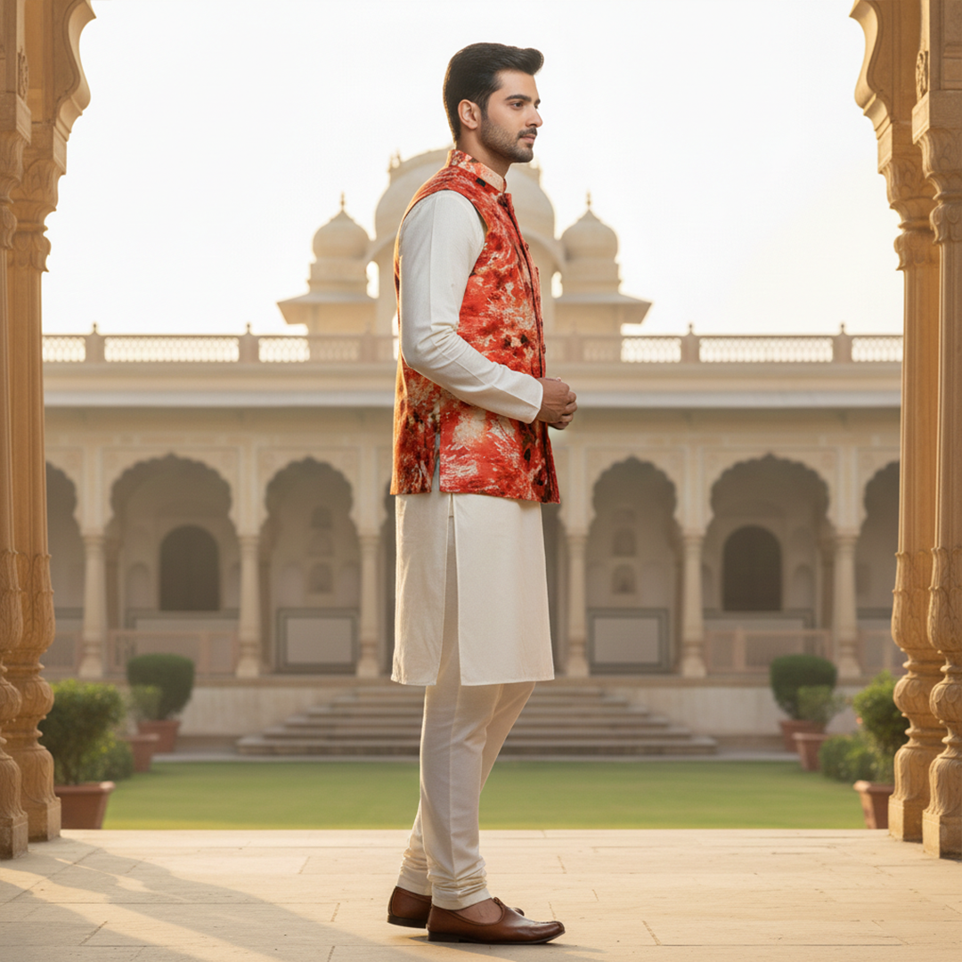 Men’s Red Floral Nehru Jacket with Ivory Kurta Pajama –  Festive Wedding Ethnic Wear