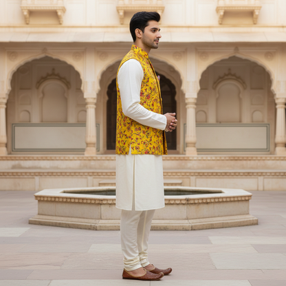 Men’s Yellow Floral Printed Nehru Jacket with Ivory Kurta  Pajama – Festive & Wedding Wear Set