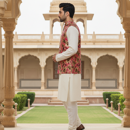Men’s Pink Floral Nehru Jacket with Ivory Kurta Pajama –  Luxury Festive Ensemble