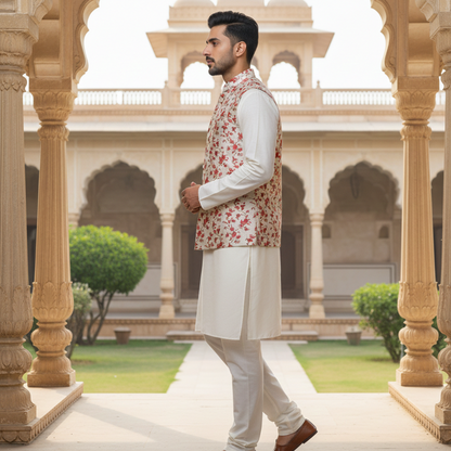 Men’s Ivory Floral Print Nehru Jacket with Kurta Pajama –  Elegant Festive Wear