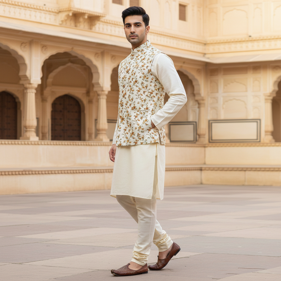Men’s Ivory Floral Nehru Jacket with Kurta Pajama – Elegant  Festive Wear