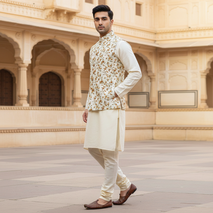 Men’s Ivory Floral Nehru Jacket with Kurta Pajama – Elegant  Festive Wear