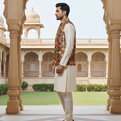 Men’s Rust Orange Printed Nehru Jacket with Ivory Kurta Pajama – Festive Ethnic Ensemble