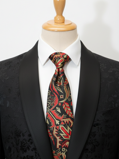 Elegant Black Tie with Red & Golden Embroidered Work