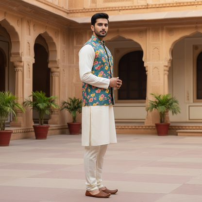 Men’s Teal Floral Printed Nehru Jacket with Ivory Kurta  Pajama – Festive & Wedding Wear