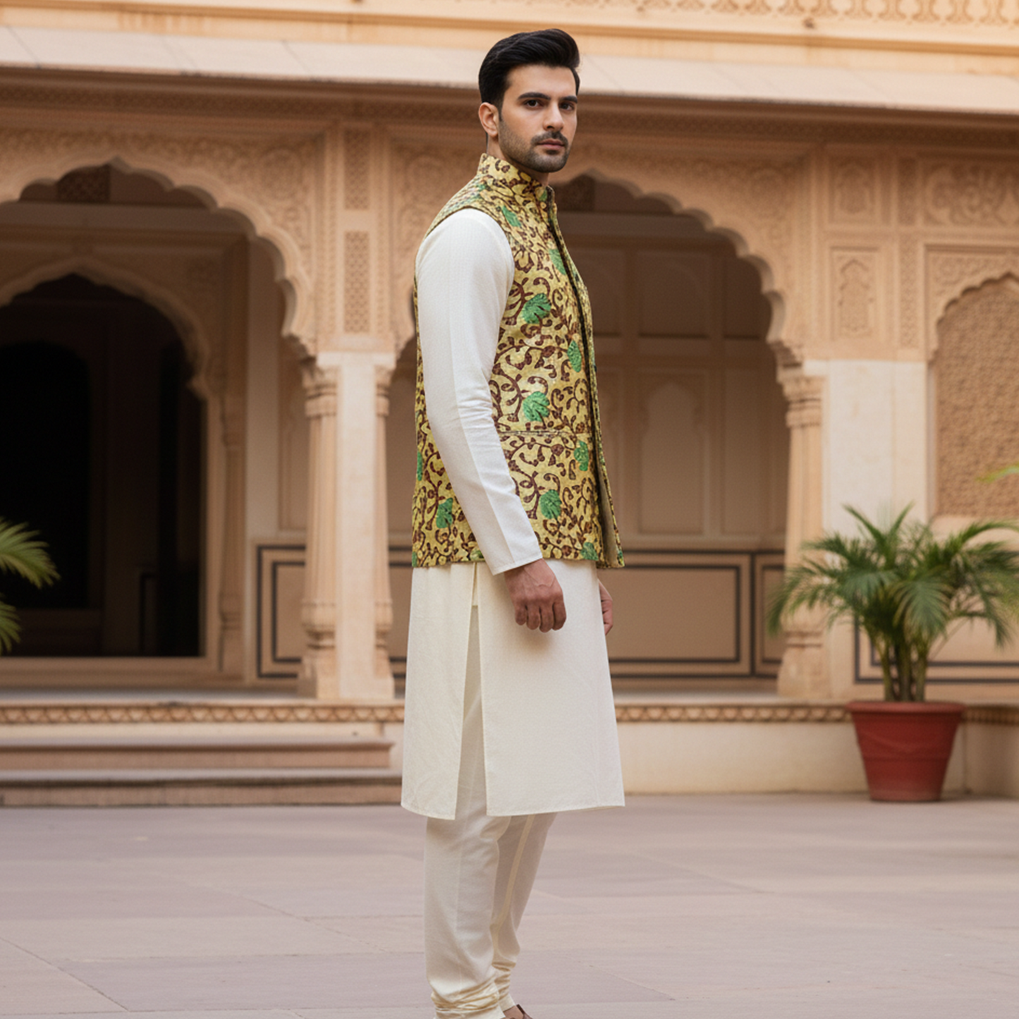 Men’s Mustard & Green Floral Nehru Jacket with Ivory Kurta  Pajama – Festive Ethnic Ensemble