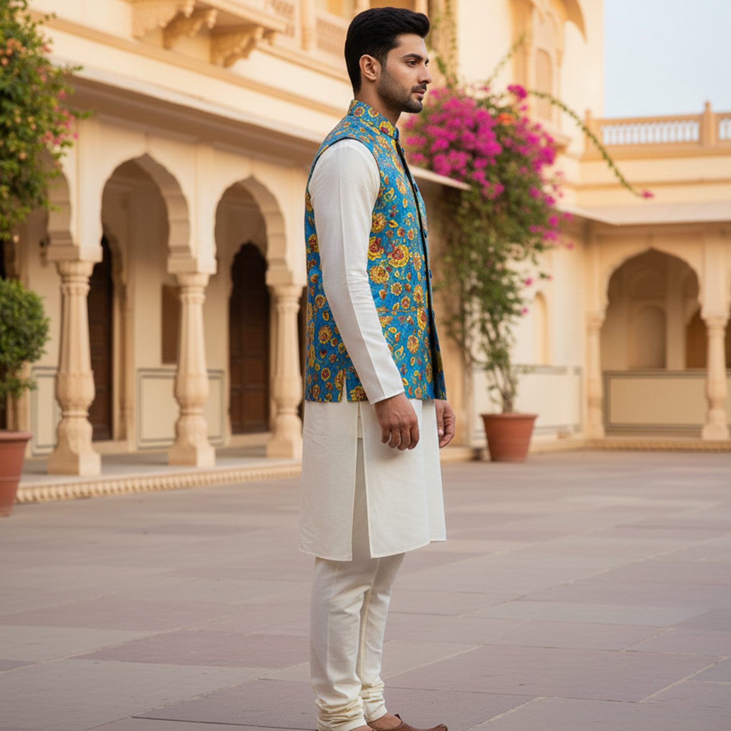 Men’s Royal Blue Floral Nehru Jacket with Ivory Kurta  Pajama – Festive Ethnic Wear