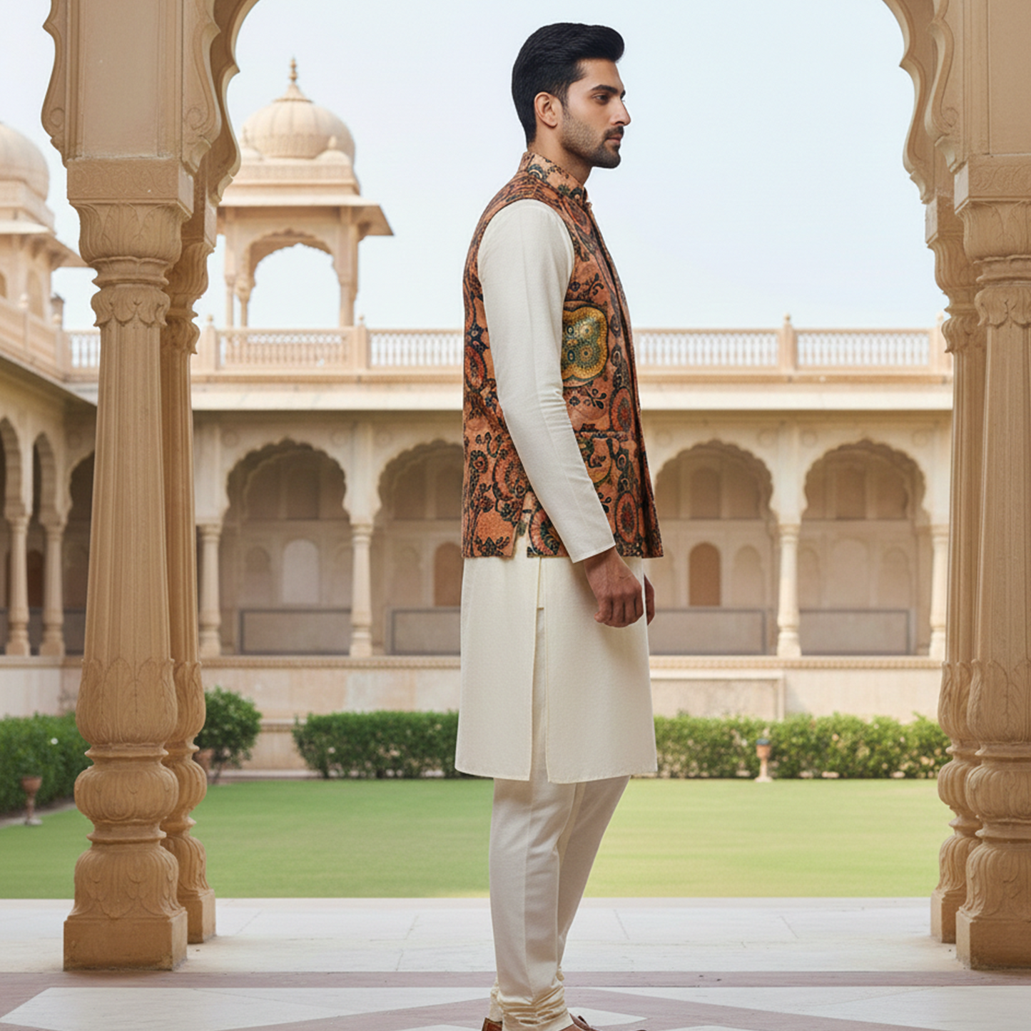 Men’s Rust Orange Printed Nehru Jacket with Ivory Kurta Pajama – Festive Ethnic Ensemble