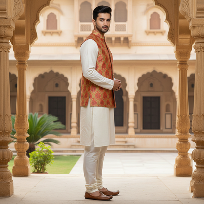 Men’s Red & Gold Patterned Nehru Jacket with Ivory Kurta  Pajama – Royal Festive Wear