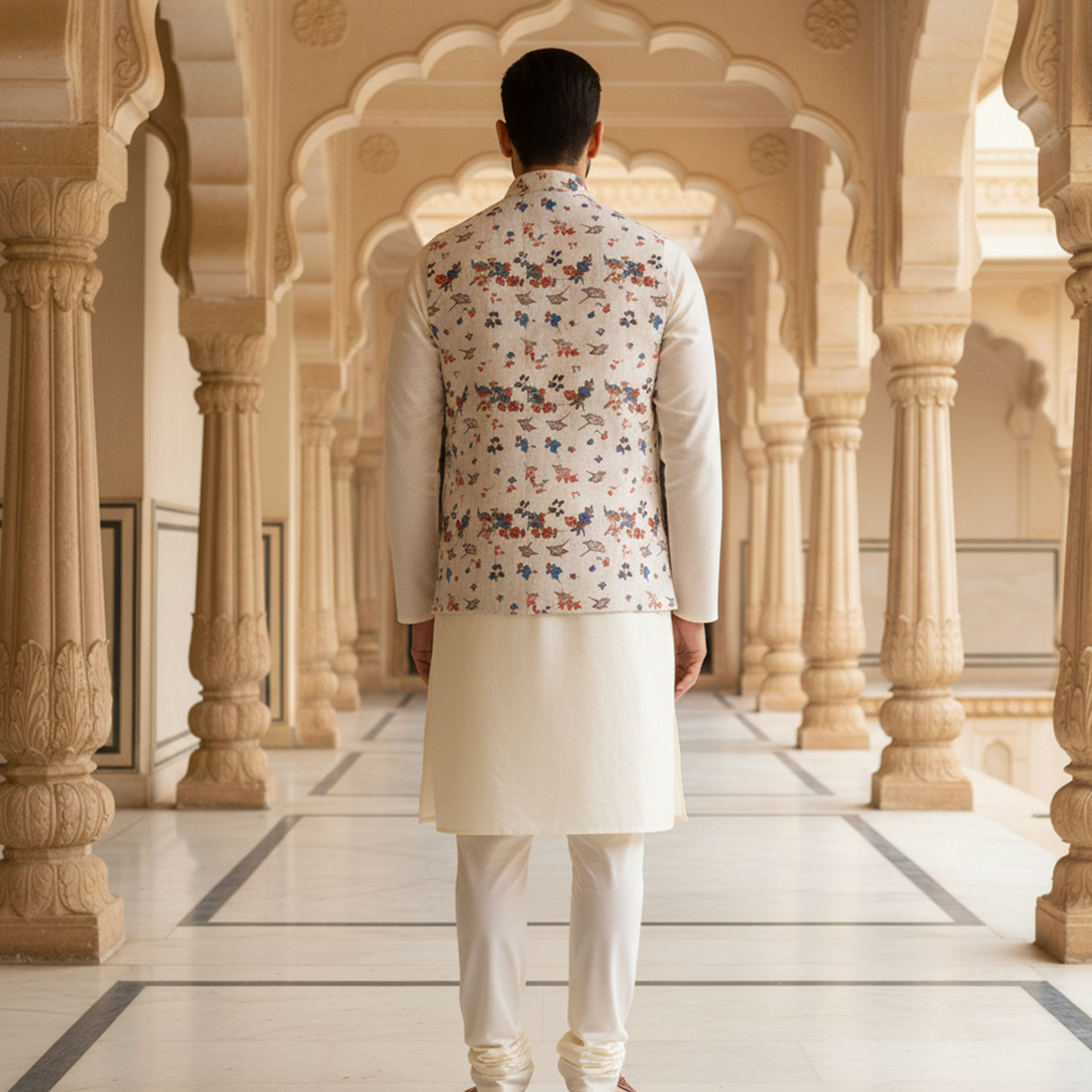Men’s Ivory Floral Print Nehru Jacket with Classic Kurta  Pajama – Elegant Festive Wear