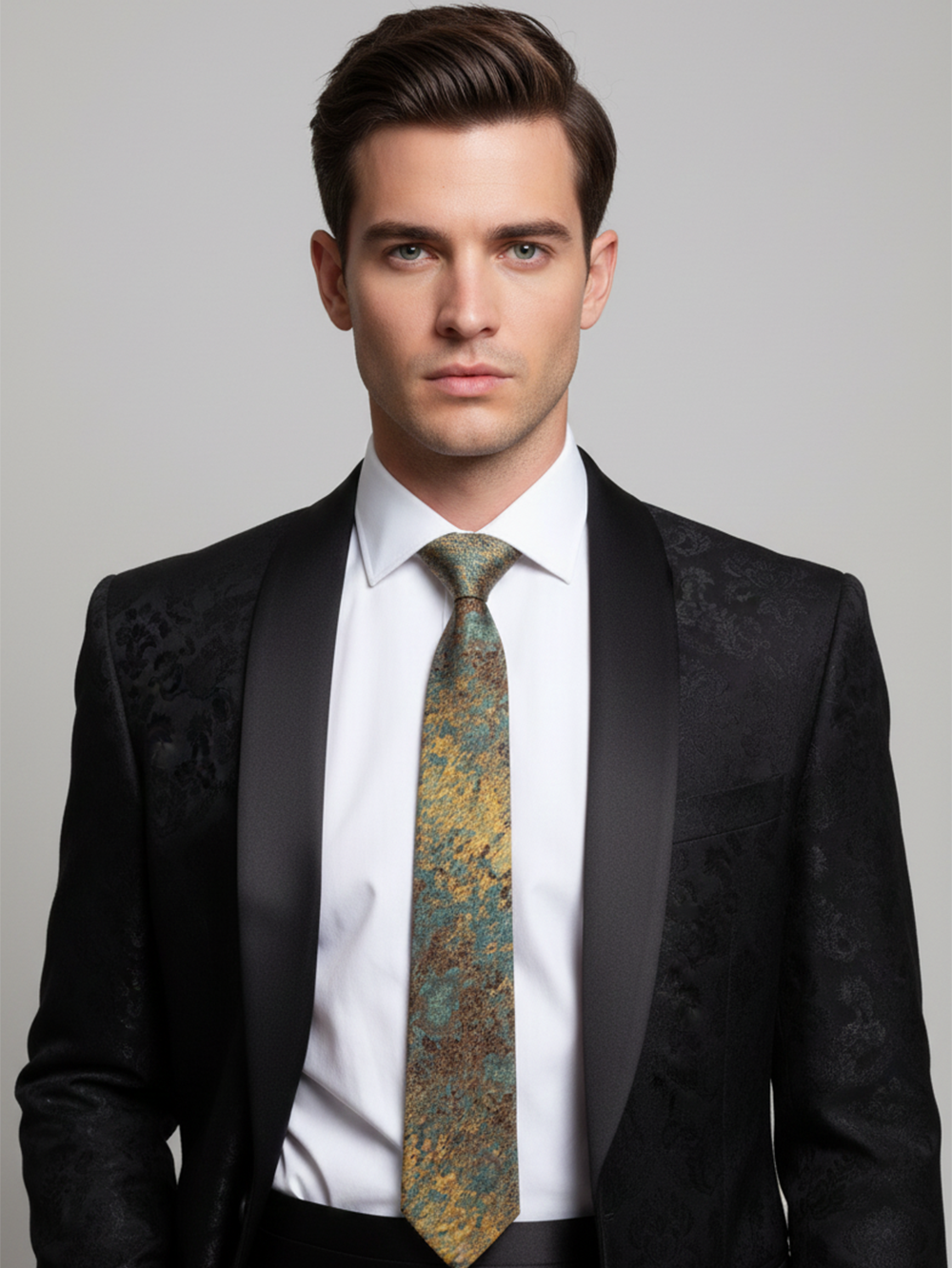 Blue Art Silk Tie with Golden & Red Patch Work