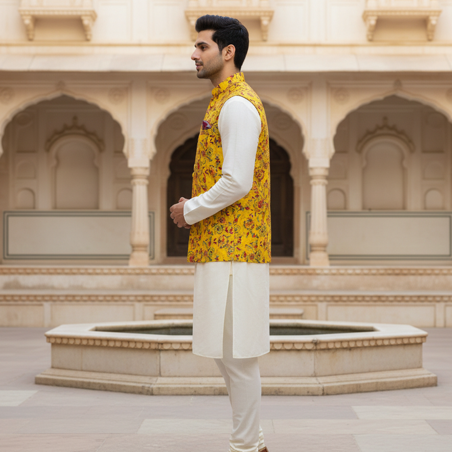 Men’s Yellow Floral Printed Nehru Jacket with Ivory Kurta  Pajama – Festive & Wedding Wear Set