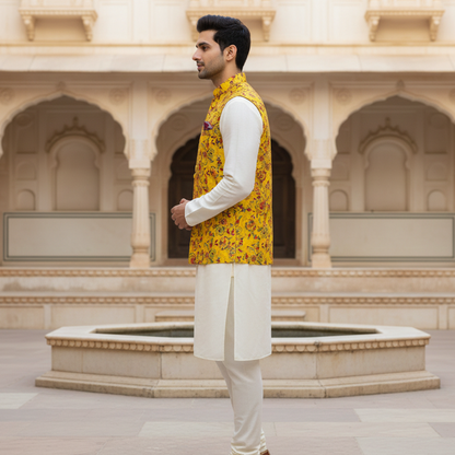 Men’s Yellow Floral Printed Nehru Jacket with Ivory Kurta  Pajama – Festive & Wedding Wear Set