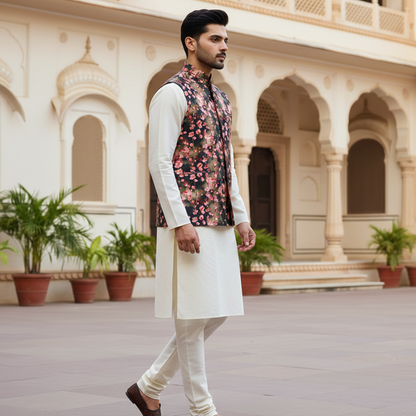 Men’s Black Floral Printed Nehru Jacket with Ivory  Kurta Pajama – Elegant Festive Ensemble