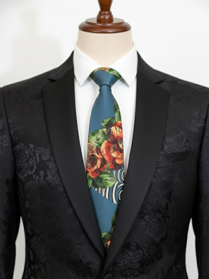 Designer Floral Printed Silk Tie for Men – Blue Statement Necktie