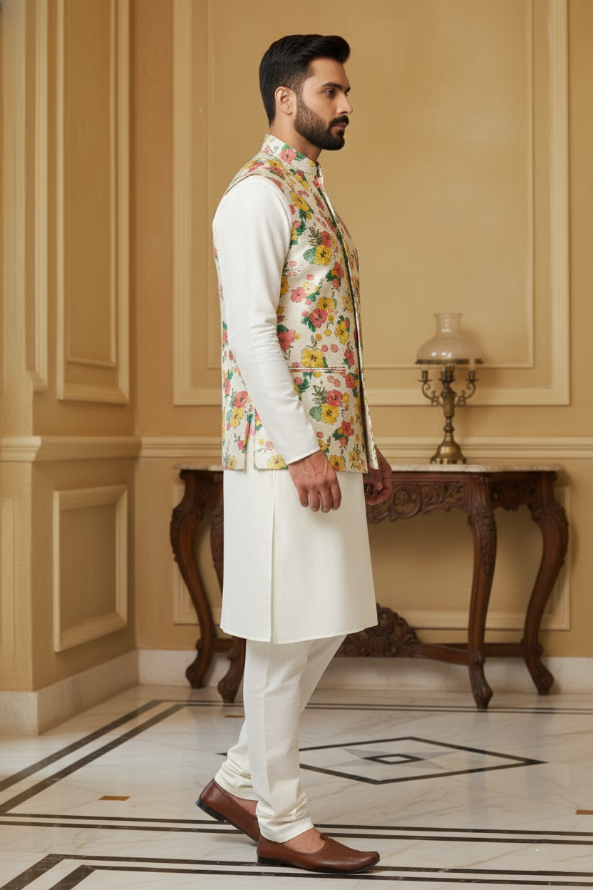 Floral Elegance: Men’s Printed Nehru Jacket