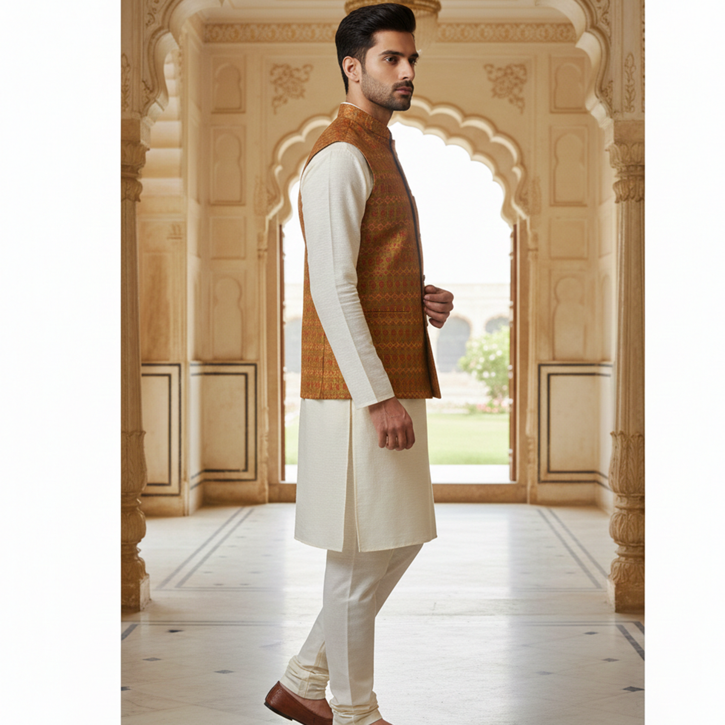 Men’s Rust & Gold Patterned Nehru Jacket with Ivory Kurta  Pajama – Classic Festive Wear