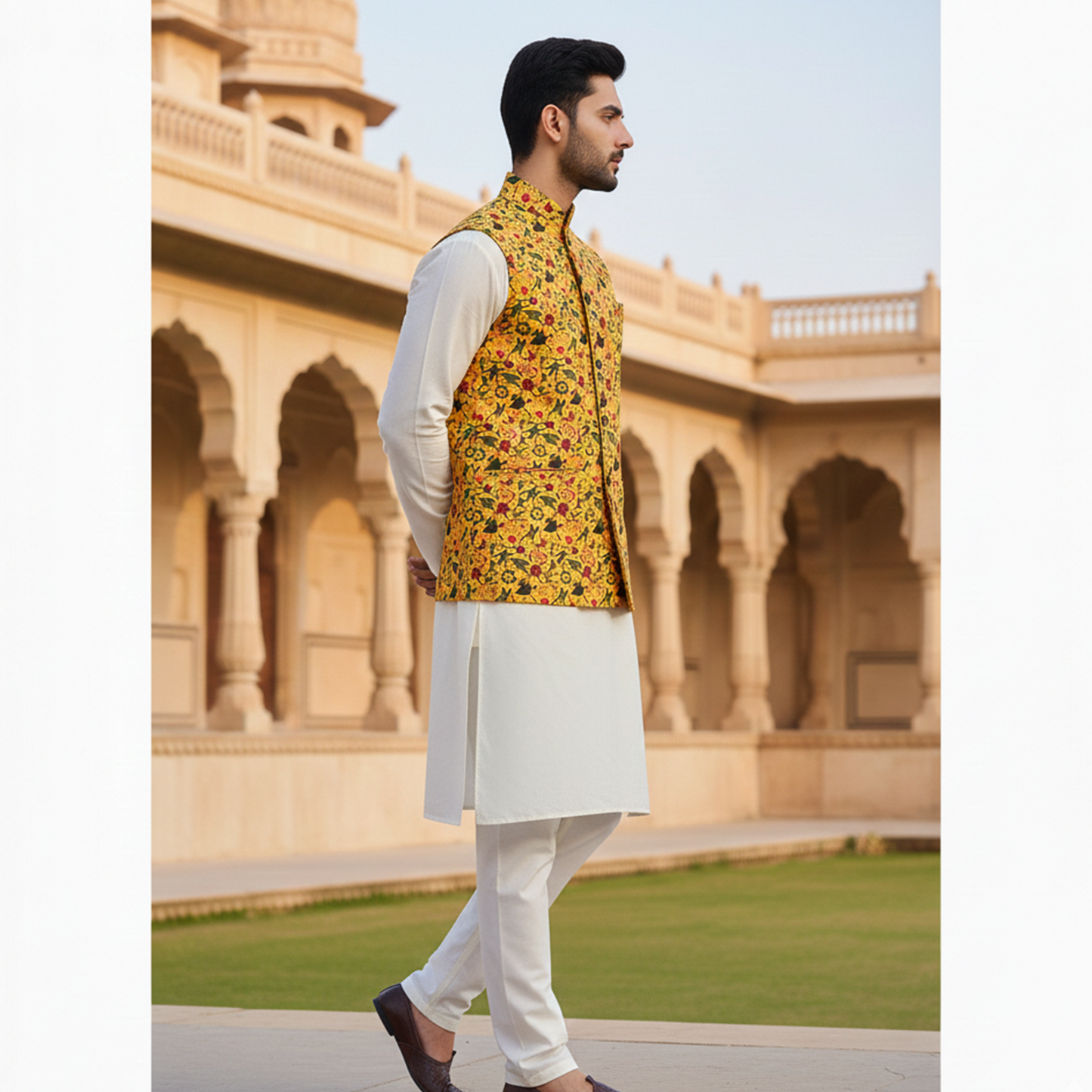 Men’s Mustard Yellow Printed Nehru Jacket with Ivory Kurta Pajama – Festive Ethnic Wear