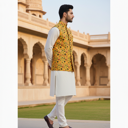 Men’s Mustard Yellow Printed Nehru Jacket with Ivory Kurta Pajama – Festive Ethnic Wear