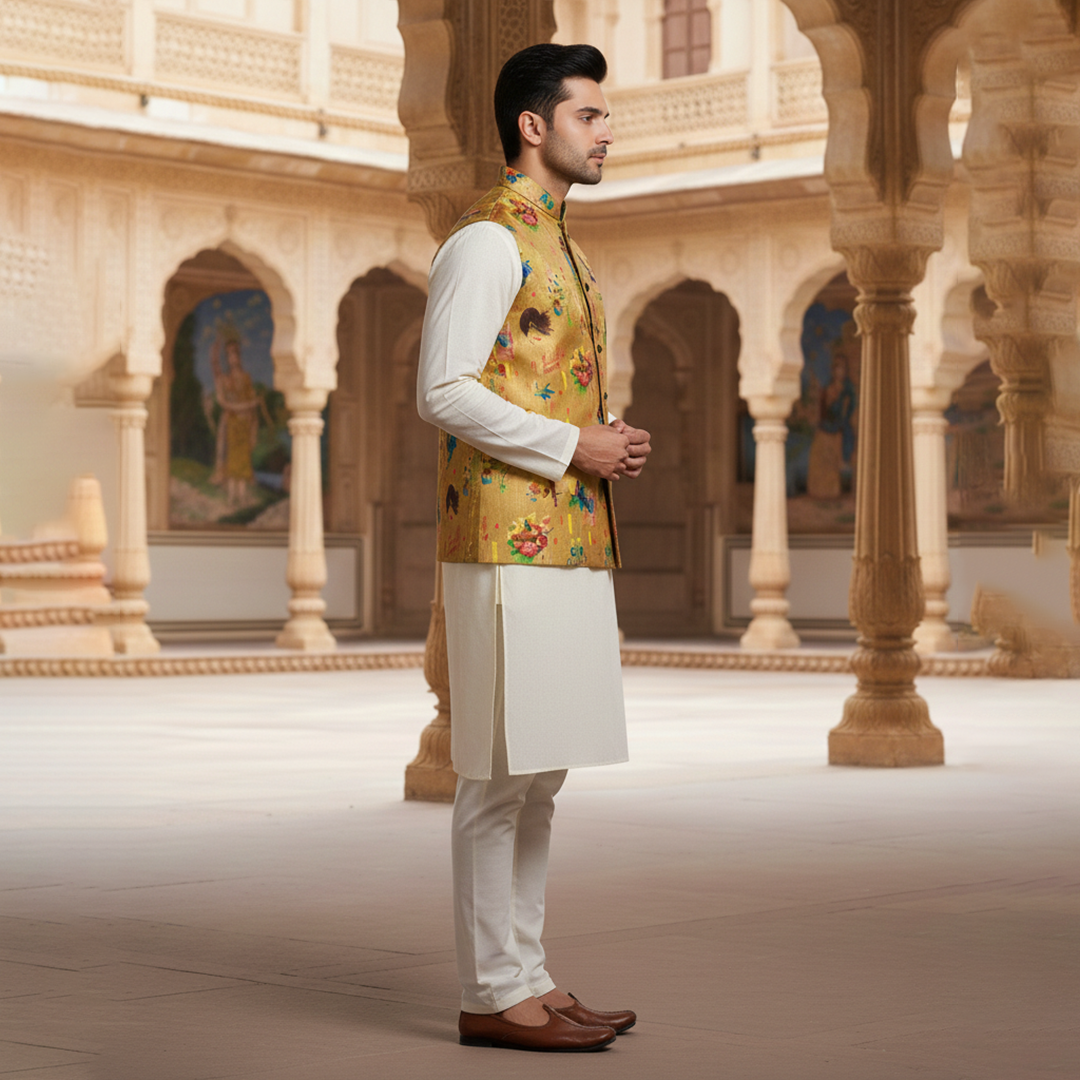 Men’s Mustard Printed Nehru Jacket with Ivory Kurta  Pajama – Contemporary Festive Wear