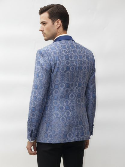 Mens Blue Printed Slim Fit Jacquard Blazer , Premium Fabric, Modern Tailoring, Elegant Design for Formal and Party Wear