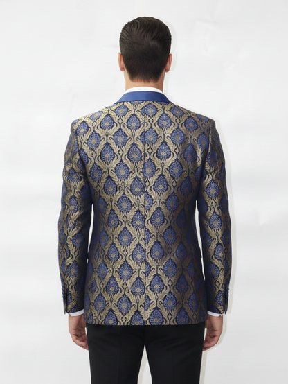 Mens Golden and Blue Slim Fit Jacquard Blazer , Elegant Patterns, Premium Fabric, Stylish Formal Wear for Office and Parties