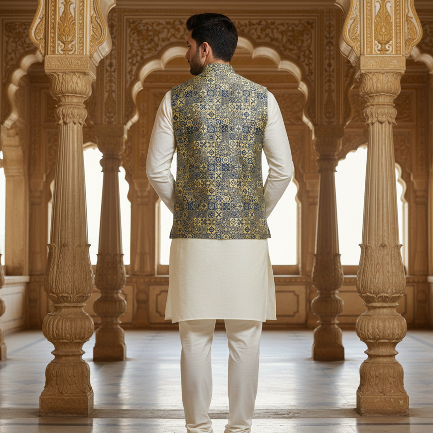 Men’s Olive Green & Gold Jacquard Nehru Jacket with Ivory Kurta  Pajama – Regal Festive Wear