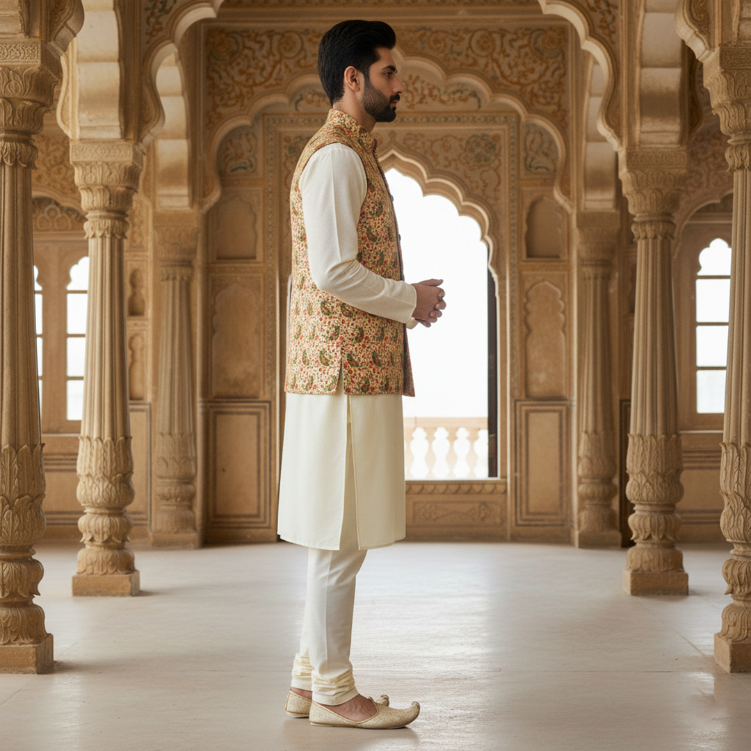 Men’s Floral Nehru Jacket with Ivory Kurta Pajama –  Elegant Festive & Wedding Wear