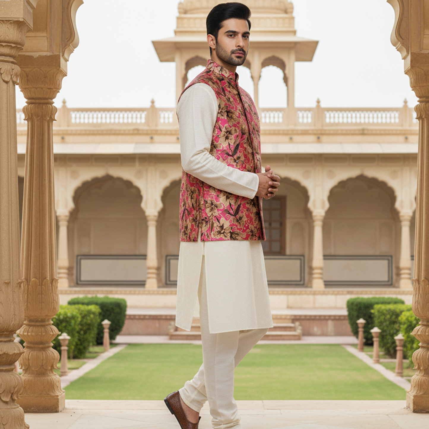 Men’s Pink Floral Nehru Jacket with Ivory Kurta Pajama –  Luxury Festive Ensemble